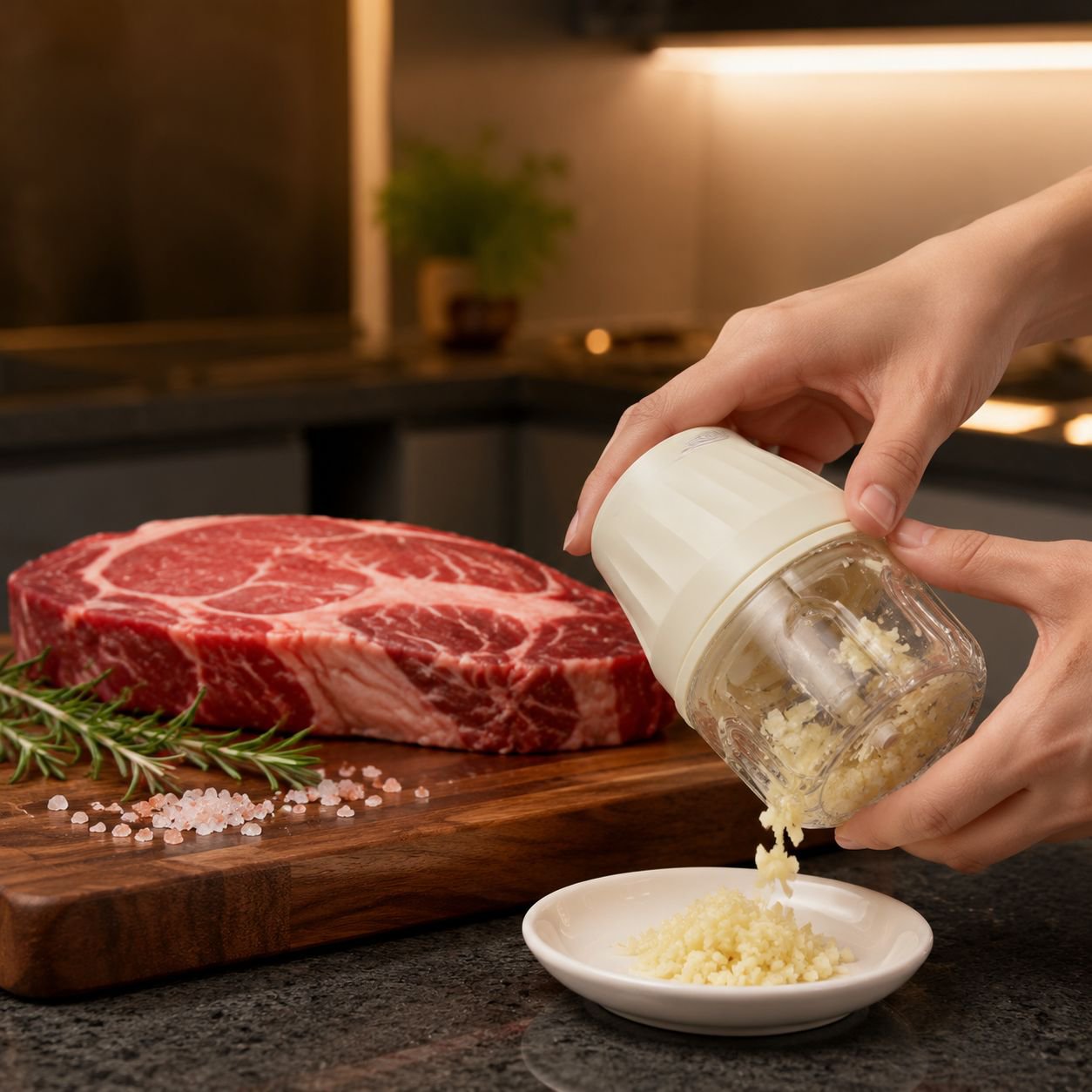 Compact kitchen cooking machine for garlic and meat