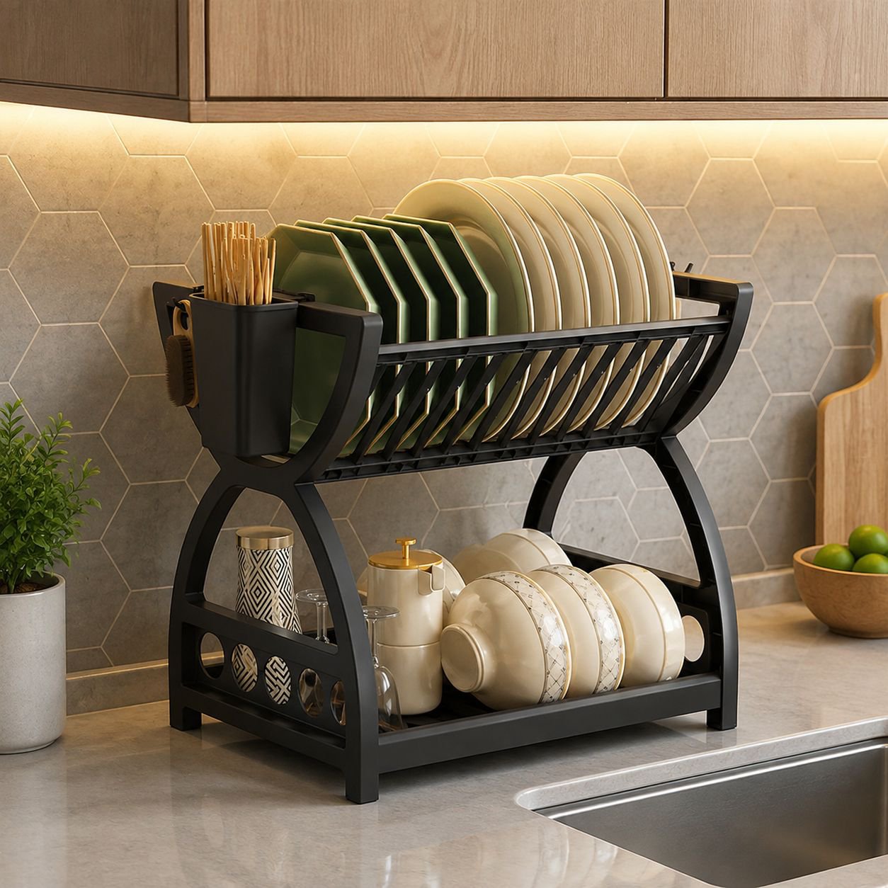 Multifunctional plastic dish rack with knife and chopsticks holder