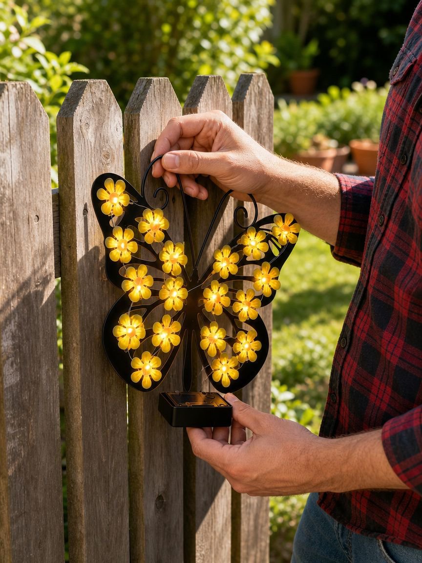 Energy-saving butterfly LED light on garden wall at night