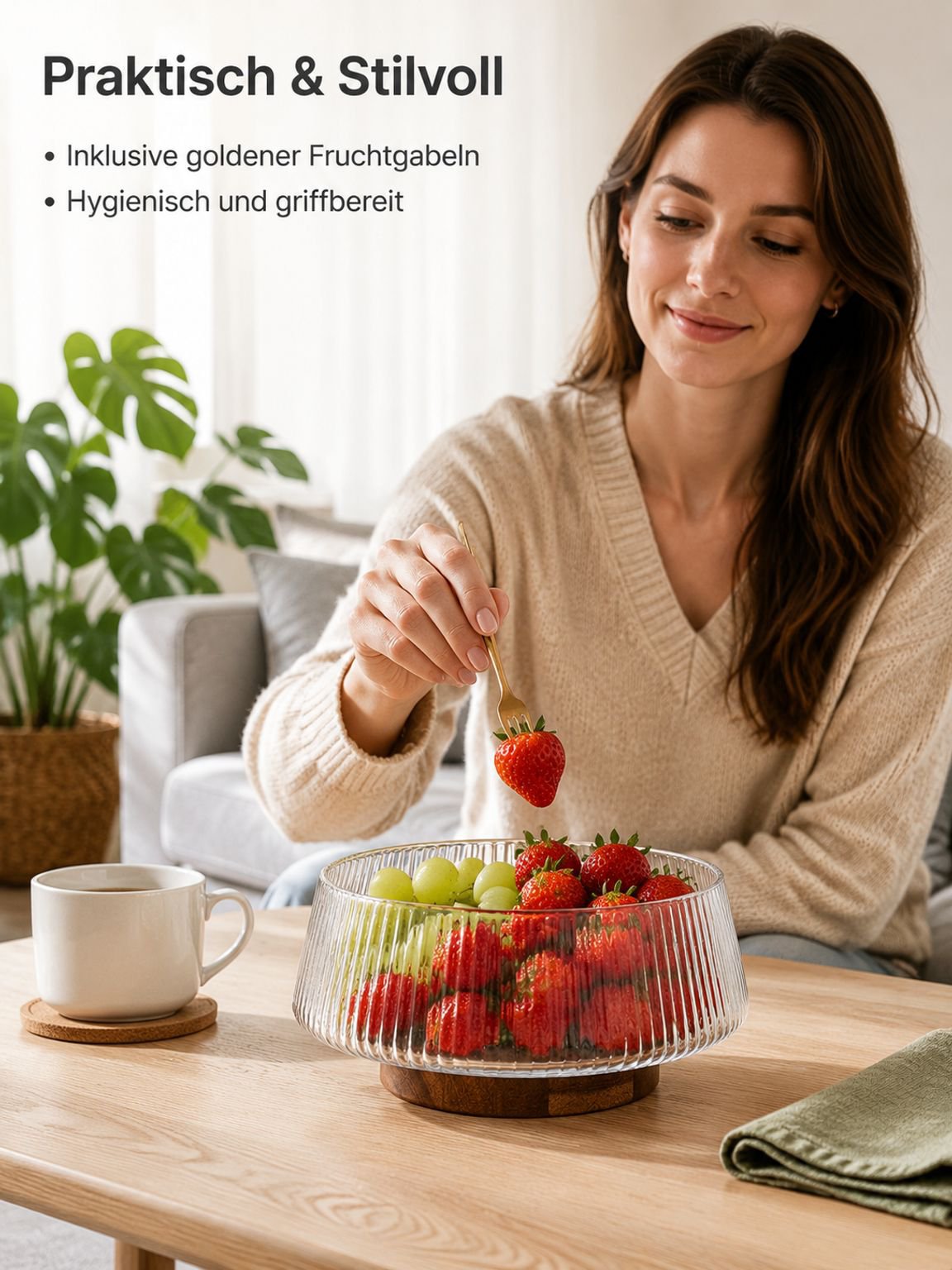 Obstplatte mit Gabeln, Obstplatte aus Glas, gestreifte transparente Obstbox, Obstplatte für das Wohn