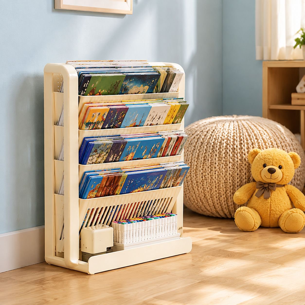 Space-saving bookshelf with wheels for easy movement