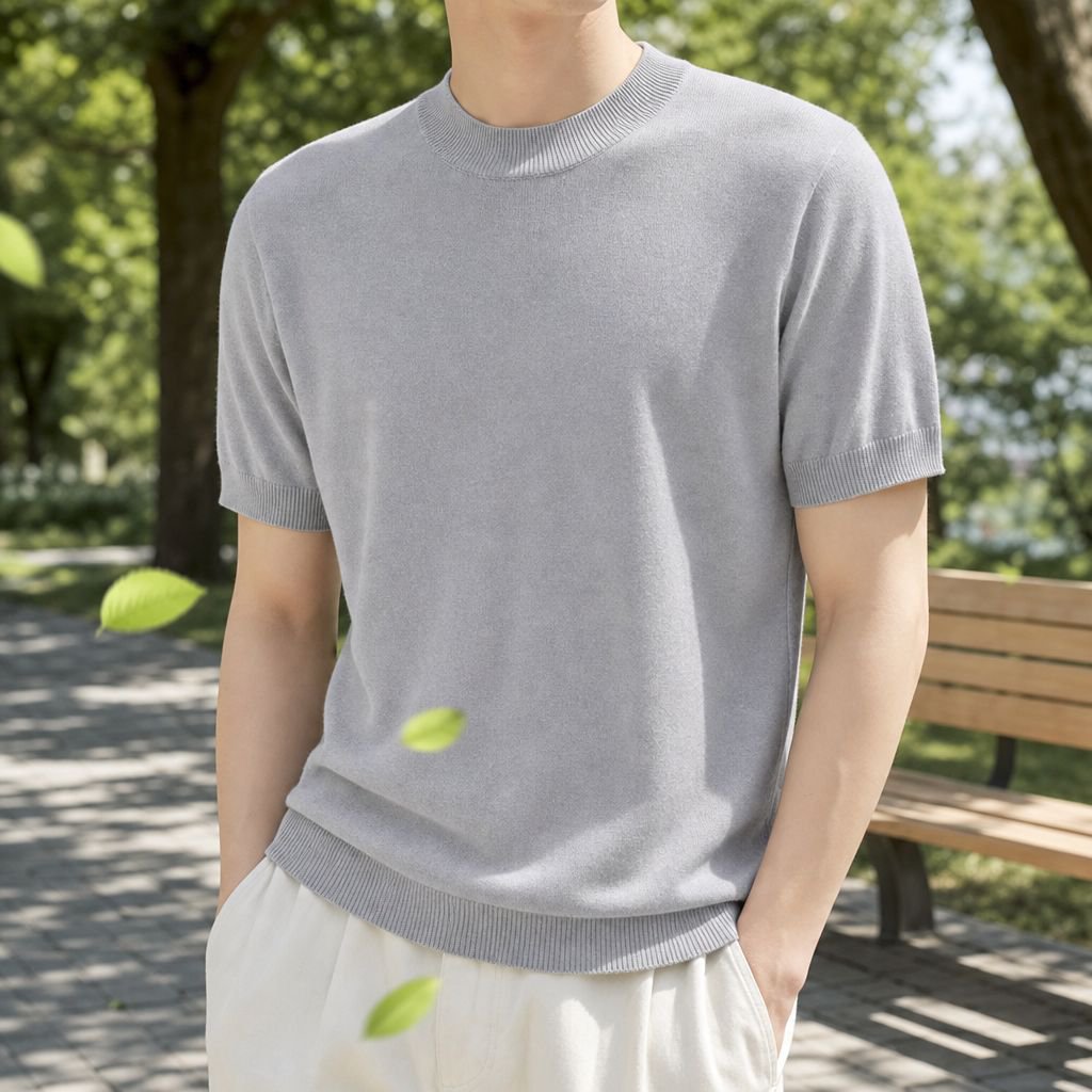 メンズ七分袖ひんやりニットTシャツ、夏用ゆったり無地カジュアルセーター