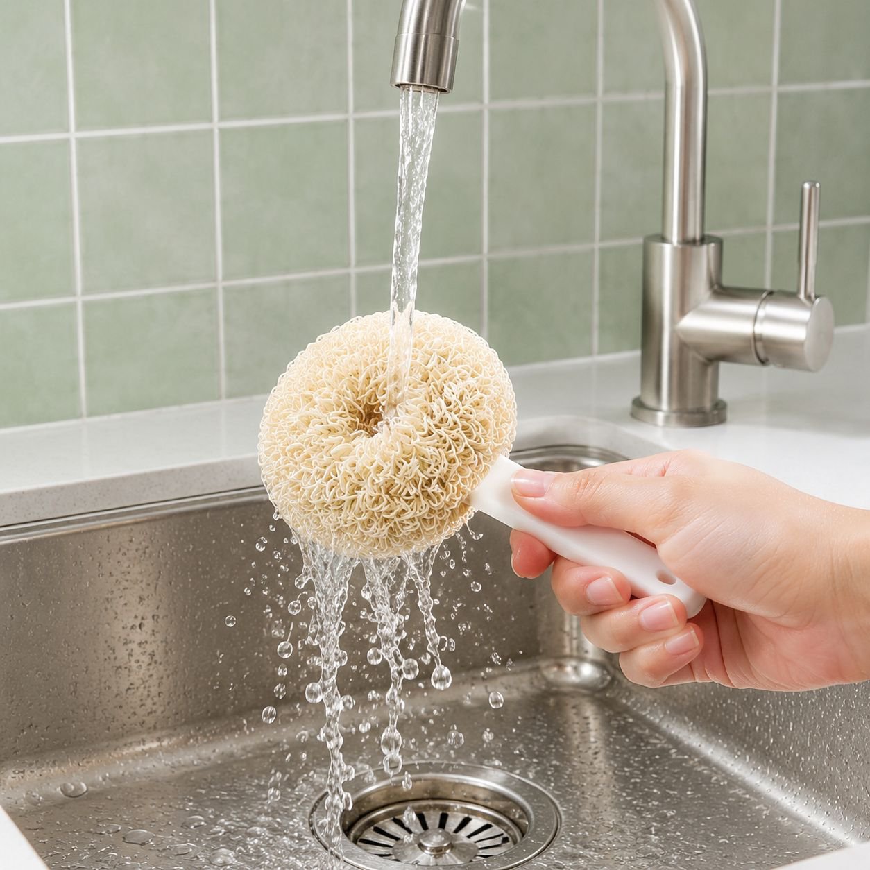 Scrubbing ball that won't damage pots or hands, a kitchen scrubber and dishwashing tool with a handl
