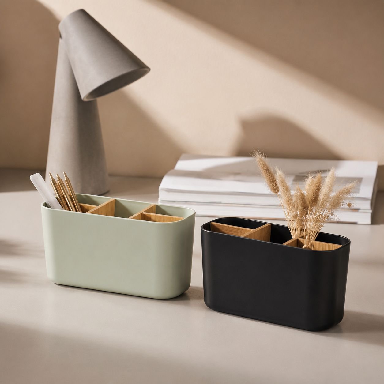 Bamboo and wood desktop multi-compartment office storage box with detachable compartments