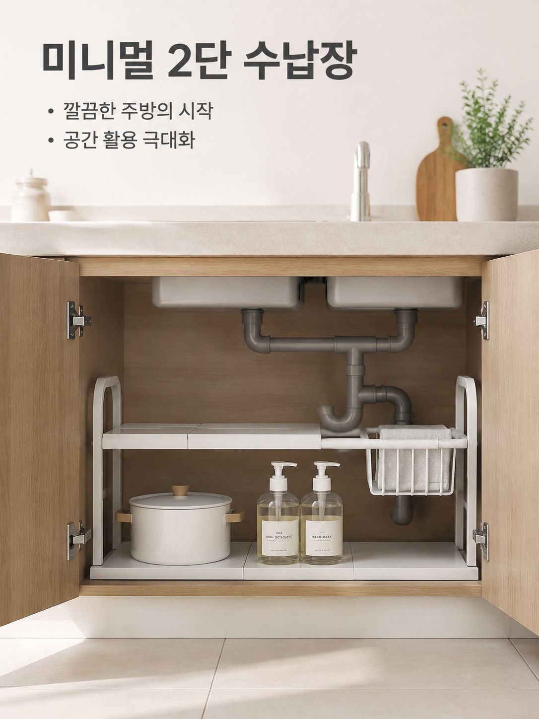 신축 가능한 싱크대 하부장 정리선반