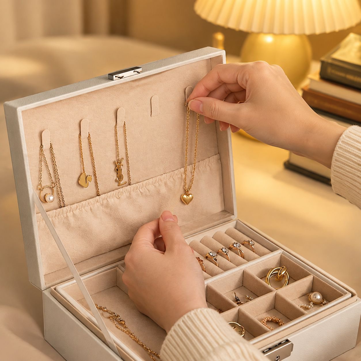 Double-layer Large Capacity Leather Jewelry Storage Box with Lock for Earrings and Rings