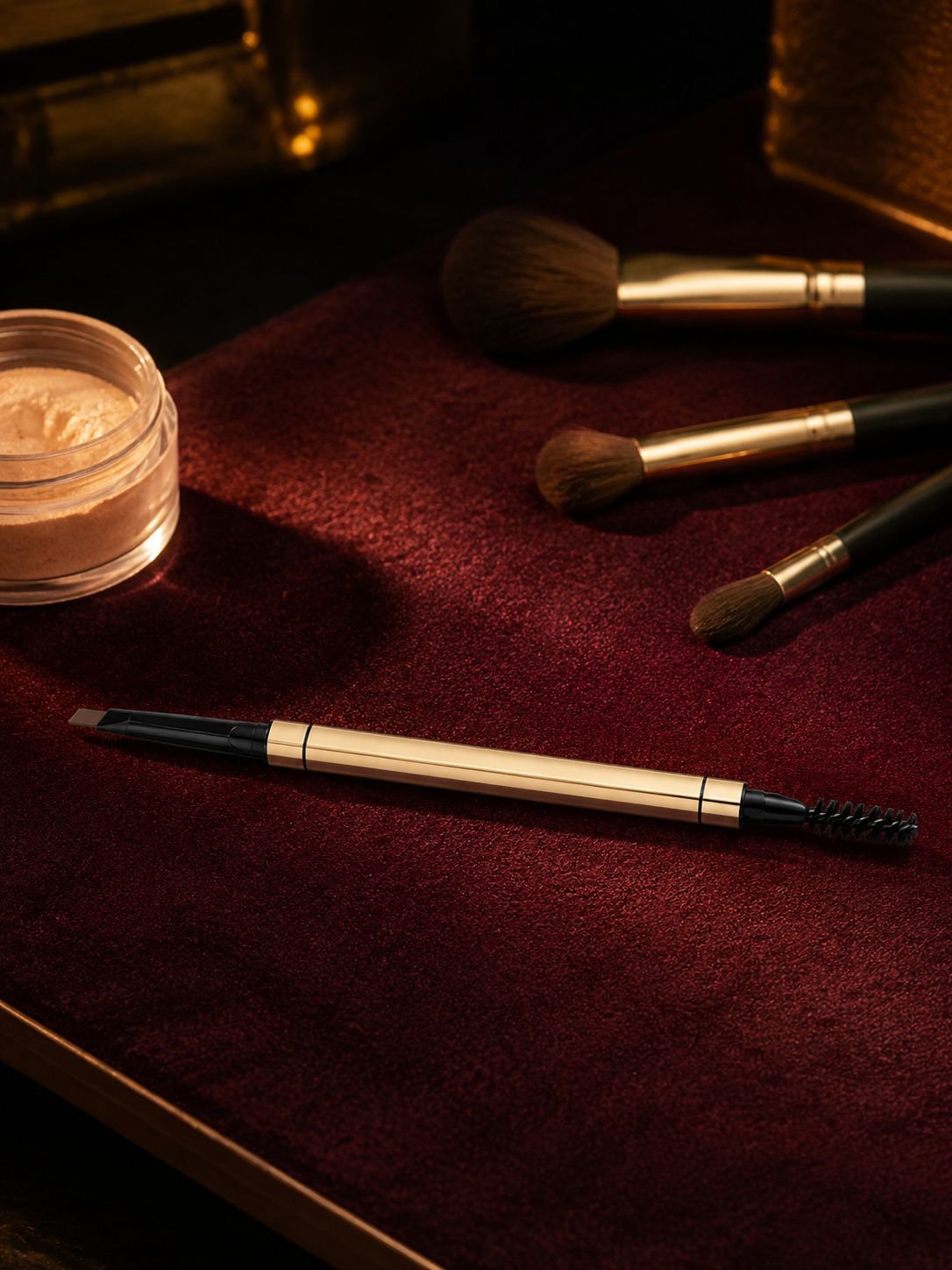 JMY Gold Bar Eyebrow Pencil displayed with makeup essentials