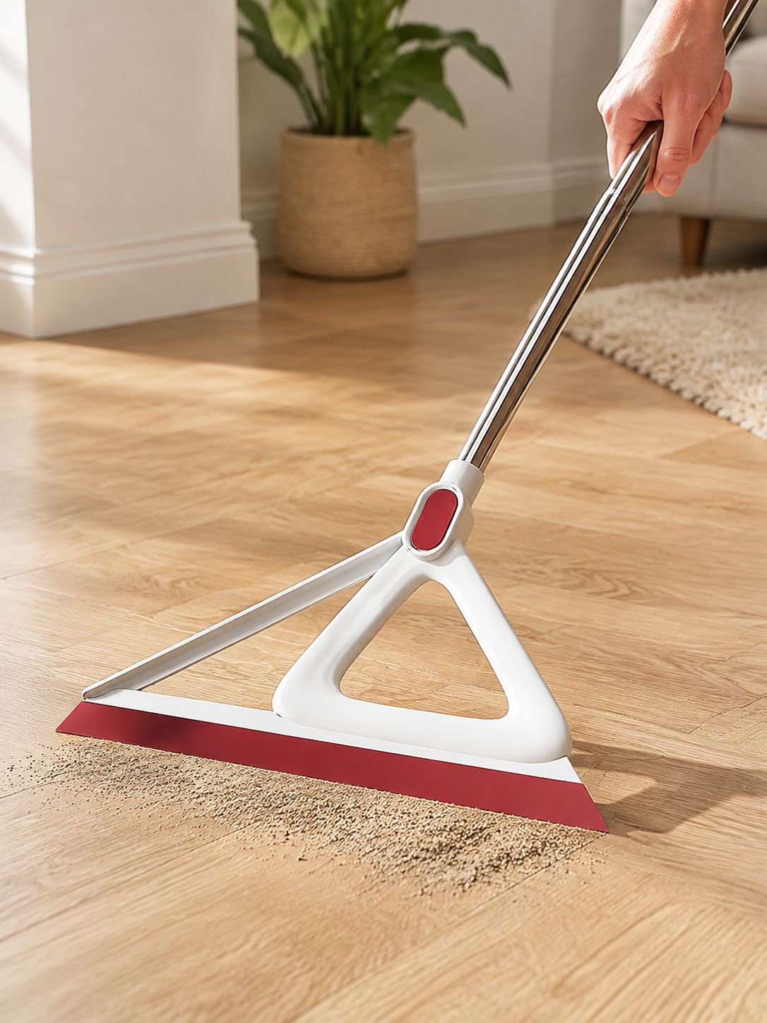 Triangular scraper broom removing debris