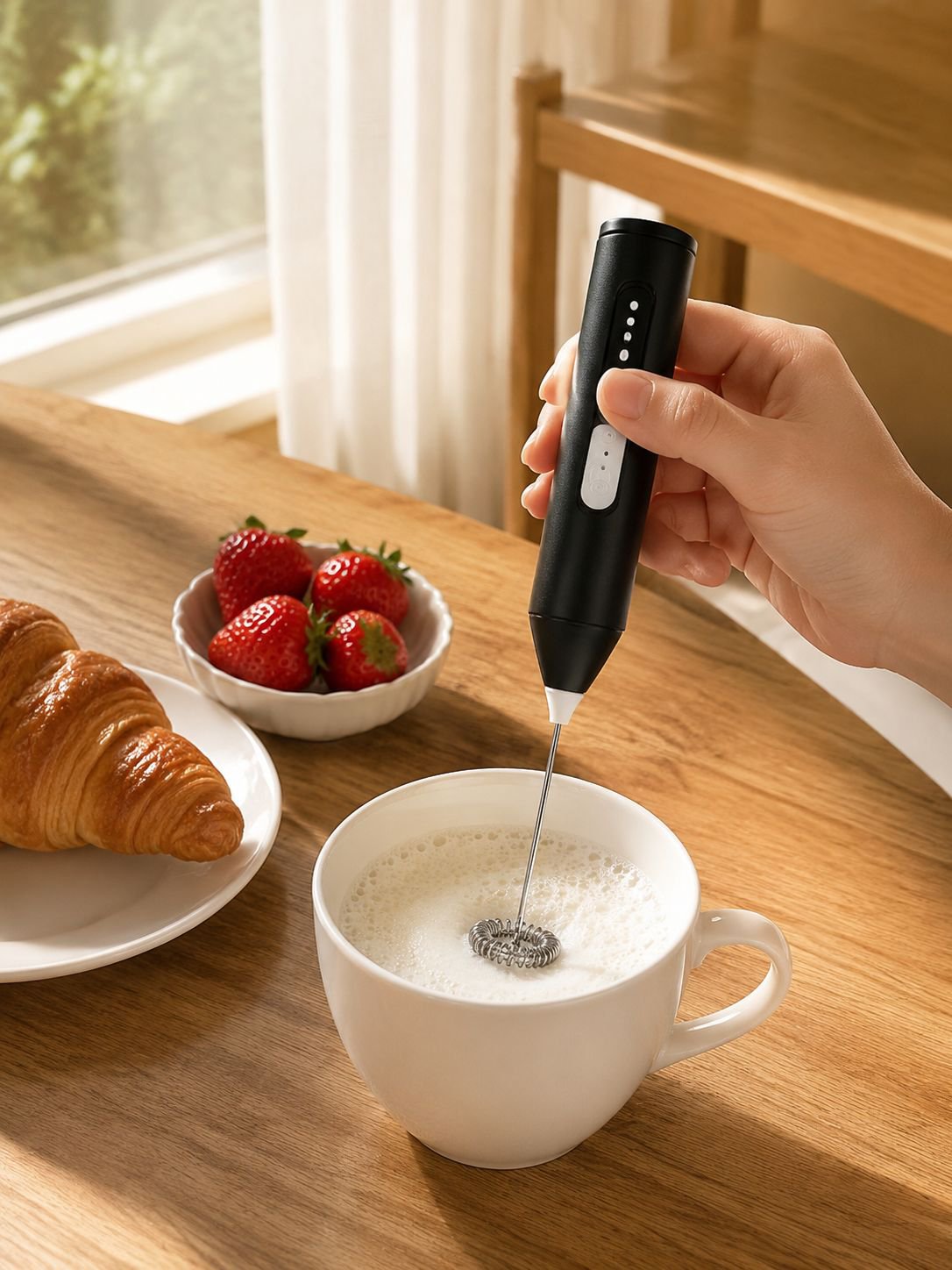 Easy to use electric milk frother for coffee drinks