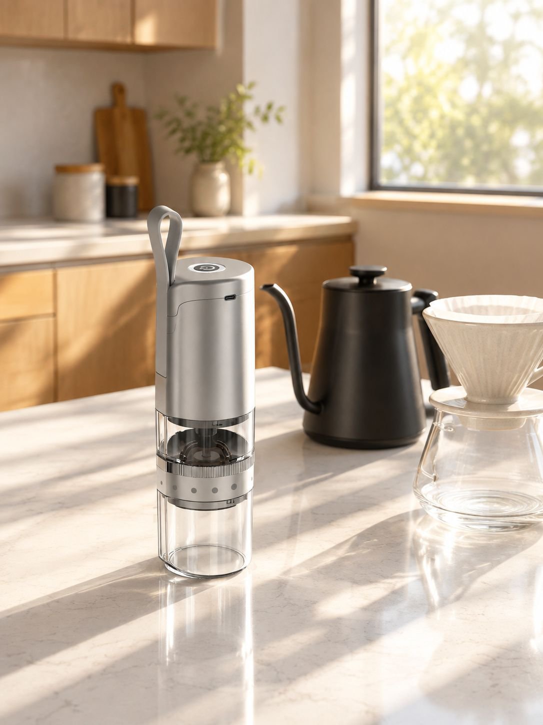 Kaffeemühle mit USB-Ladekabel und Zubehör