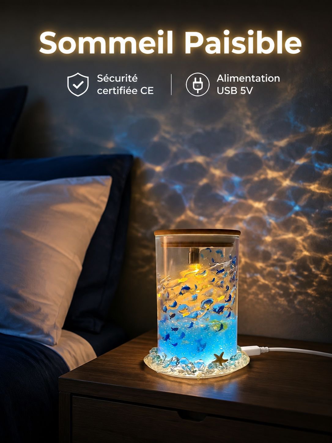 Veilleuse lumineuse apaisante bleue avec petits poissons flottants