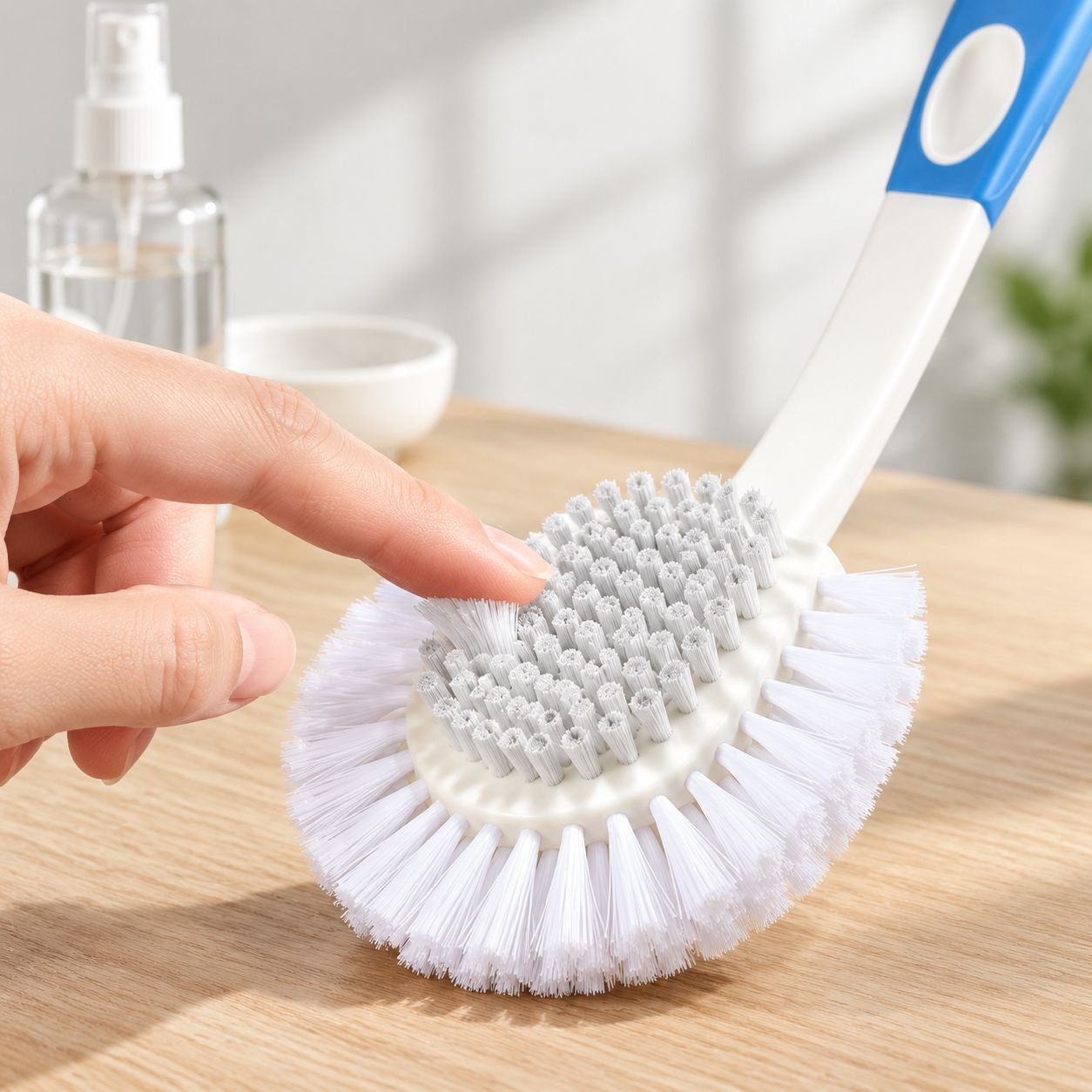長い柄付きの靴磨きブラシを使用する様子