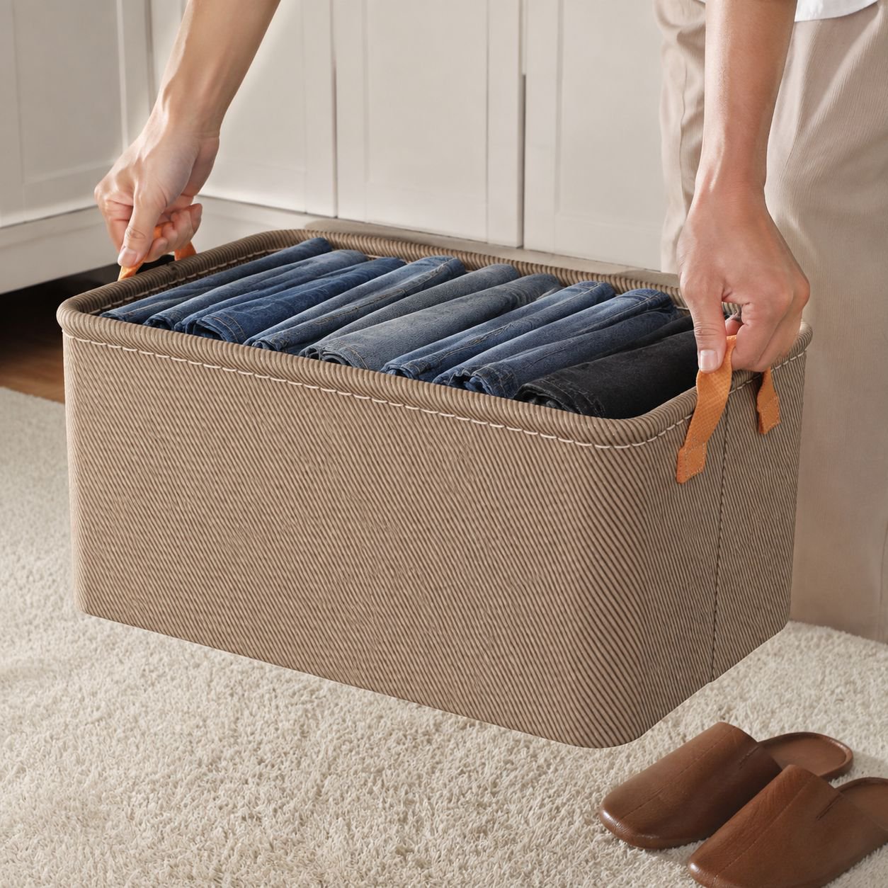 Clothes neatly stored in steel frame organizer bin
