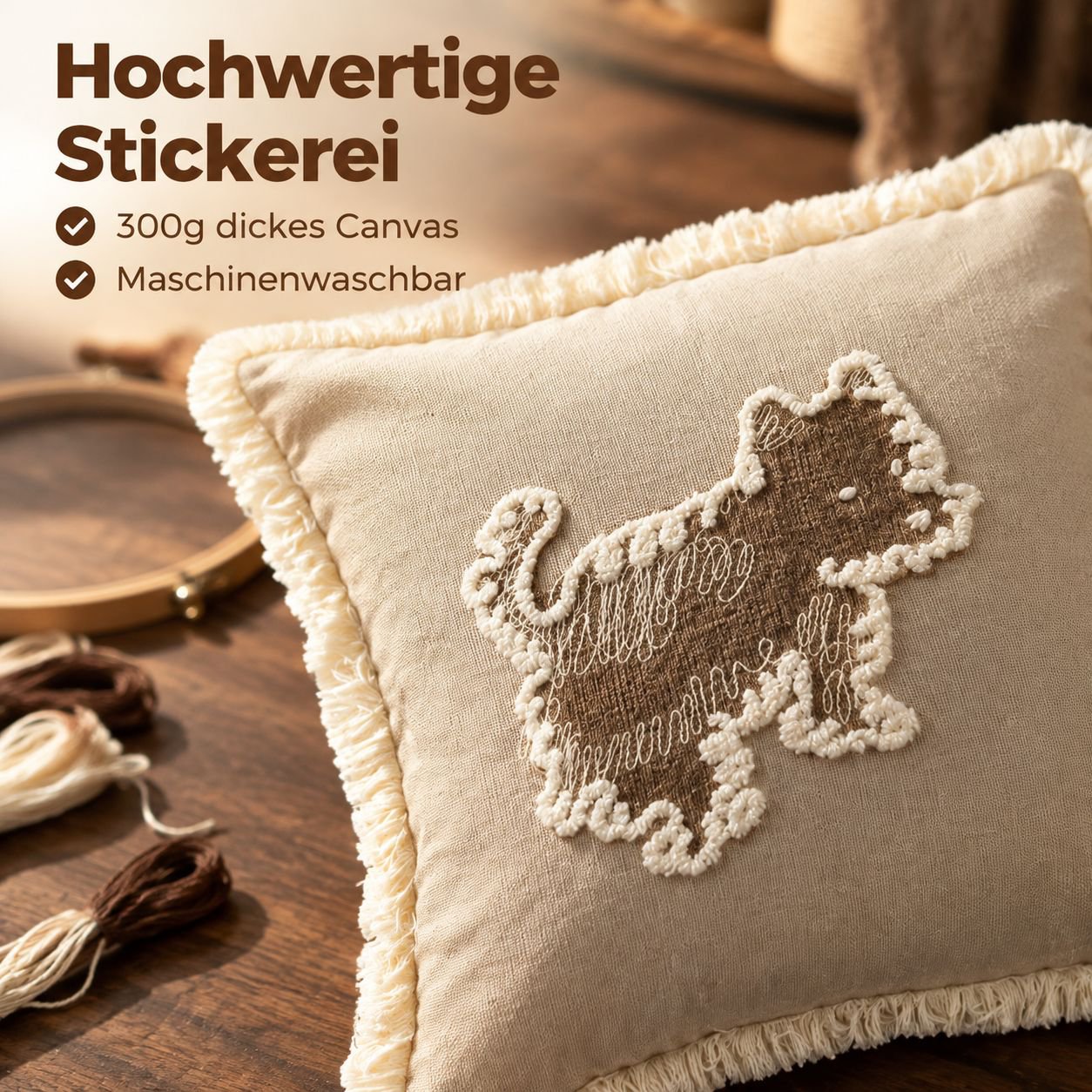 Hund-Kissenhülle aus Baumwolle Canvas mit Frottier-Stickerei