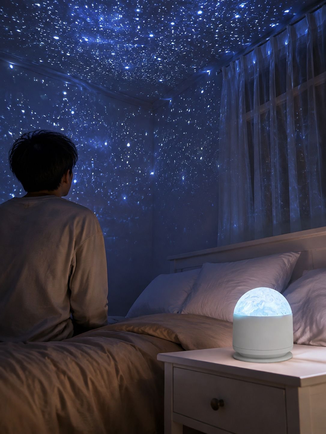 Lámpara creativa con proyección de llamas y cielo estrellado