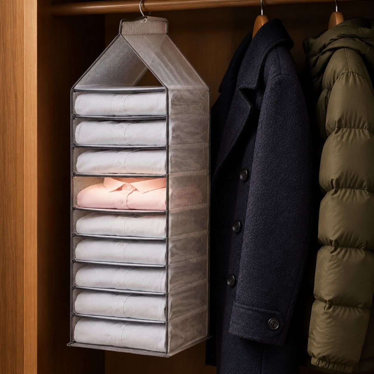 衣類を収納した吊り下げボックスの使用例
