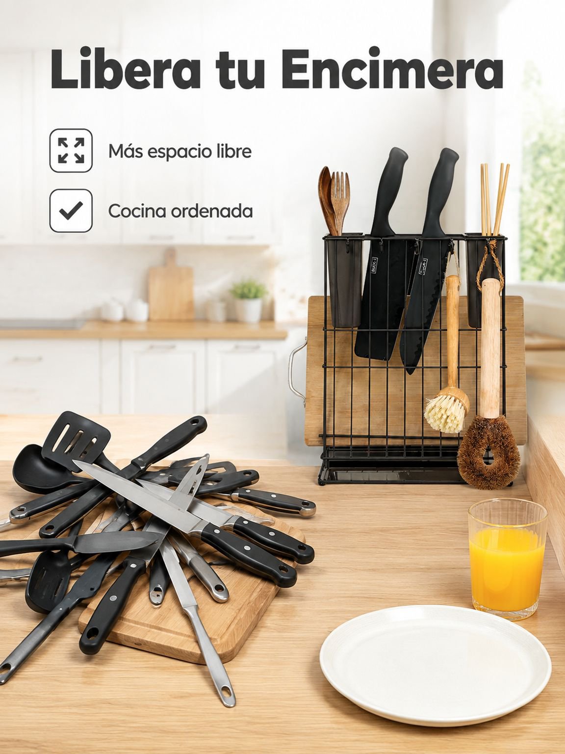 Soporte doméstico para cucharas con tabla de picar