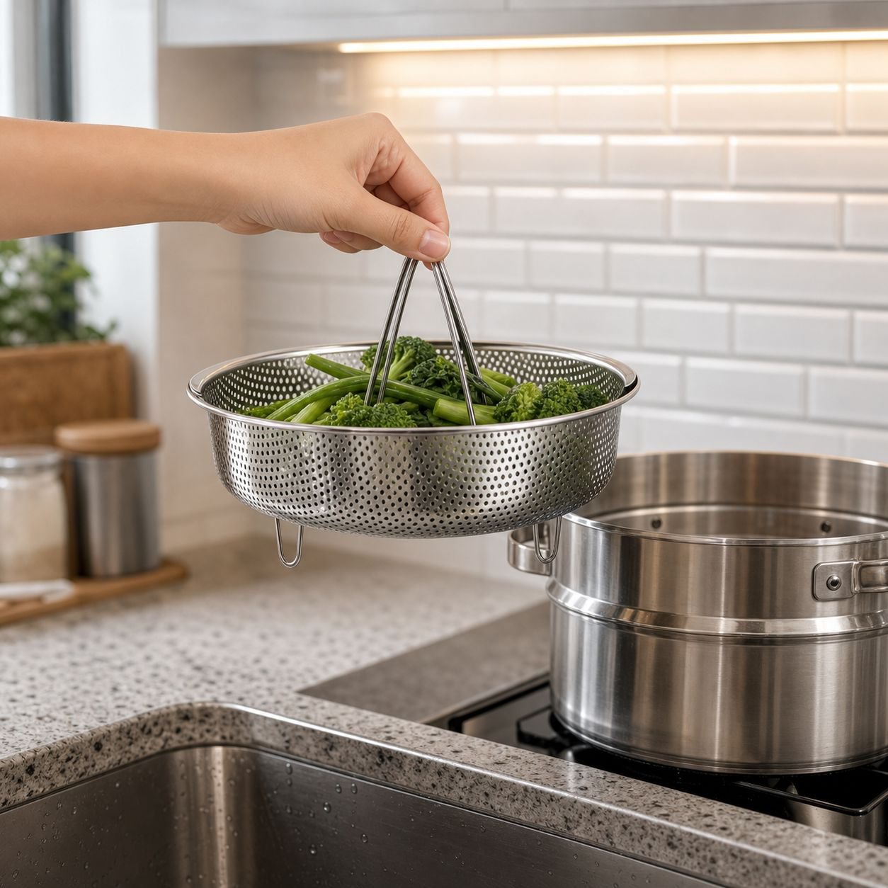 Cesta multifuncional para lavar y escurrir verduras con bandeja para vapor