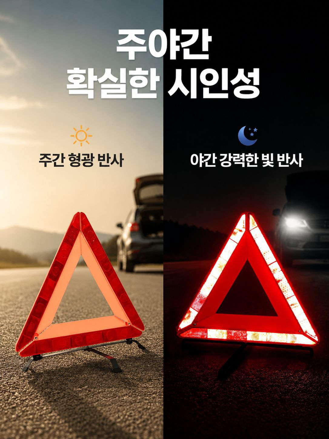 도로 위 차량 비상 삼각대 사용 예시