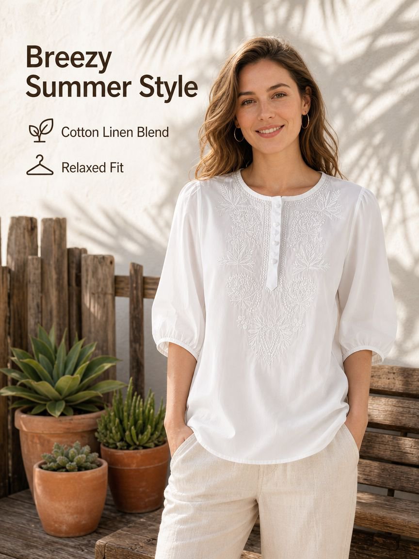 Cotton Linen Embroidered Round Neck Loose Short Sleeve Women’s Summer New Style