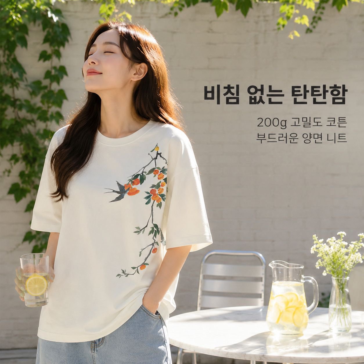 기질 있는 화이트 빅사이즈 여성 박시 프린트 반팔 티 상의