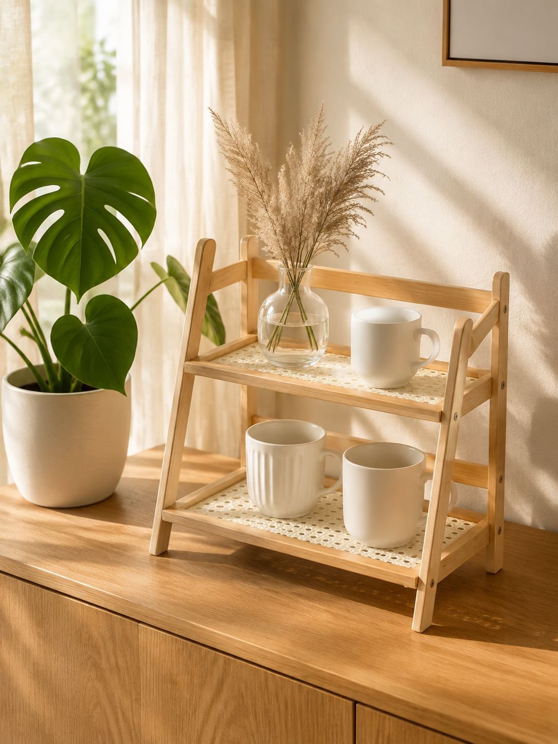Mehrstöckiges Tischregal aus Kunststoff-Rattan in Creme auf Küchenarbeitsplatte