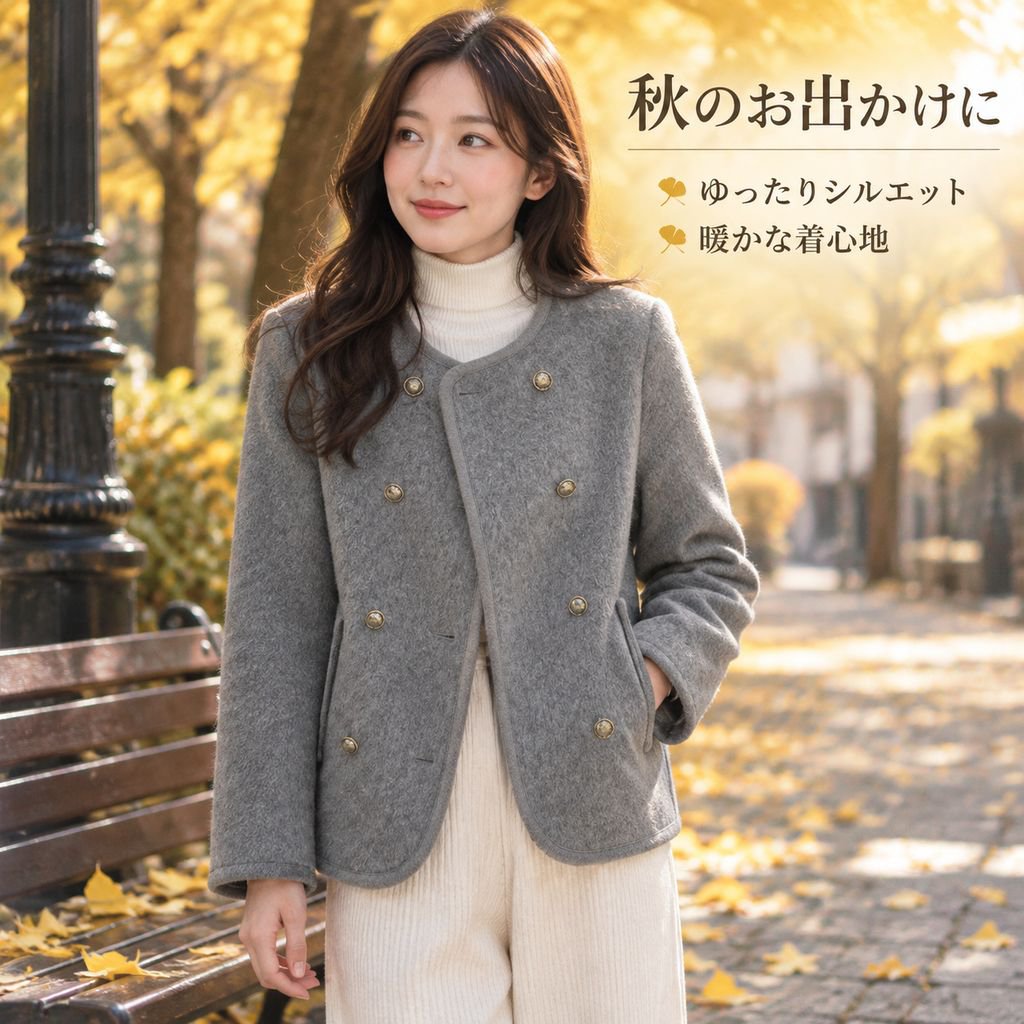 レディース ツイード調 ノーカラージャケット ダブルブレスト 大きいサイズ アウター