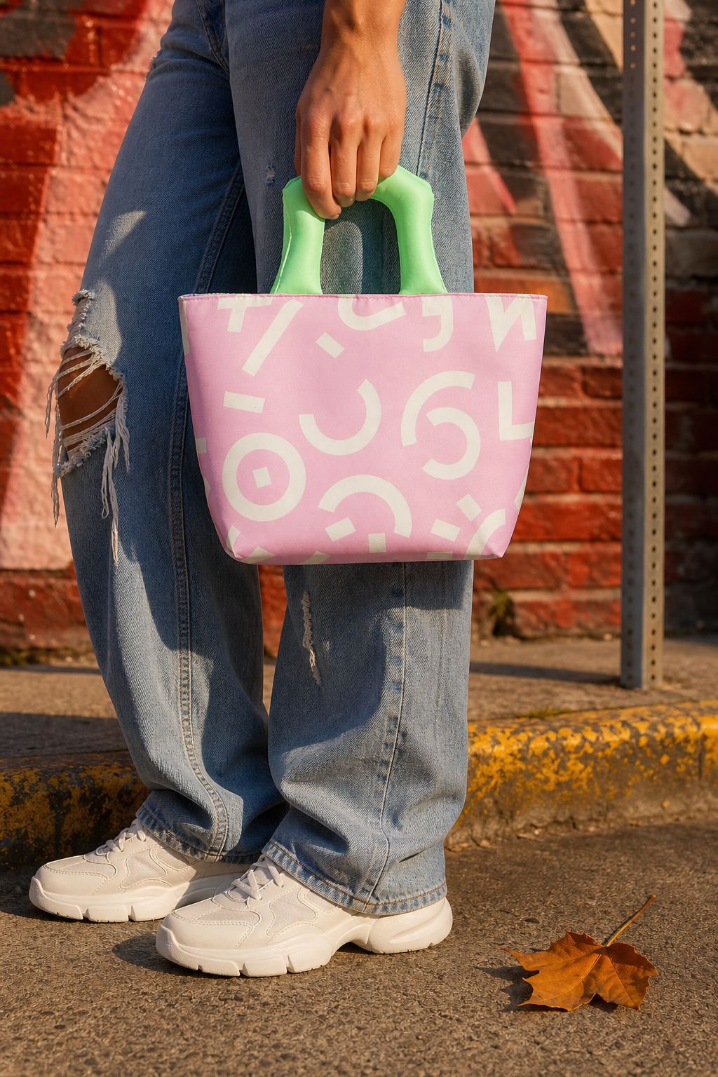 Front view of thickened insulated lunch bag with graffiti design
