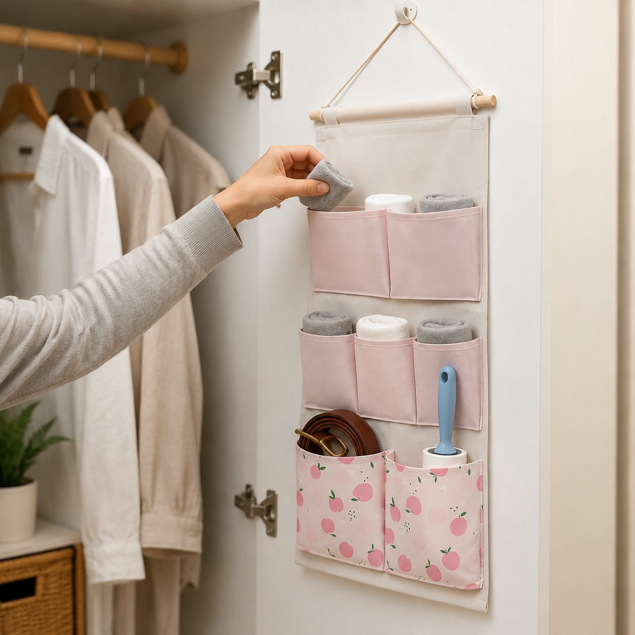 Door hanging organizer with multiple pockets for phones