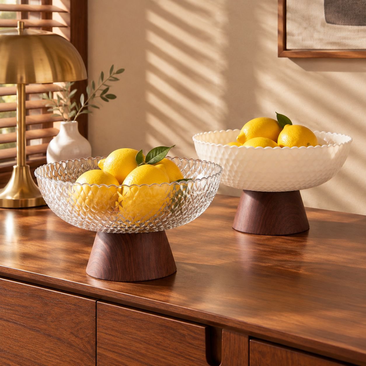 Retro-styled wooden fruit dish with intricate design details