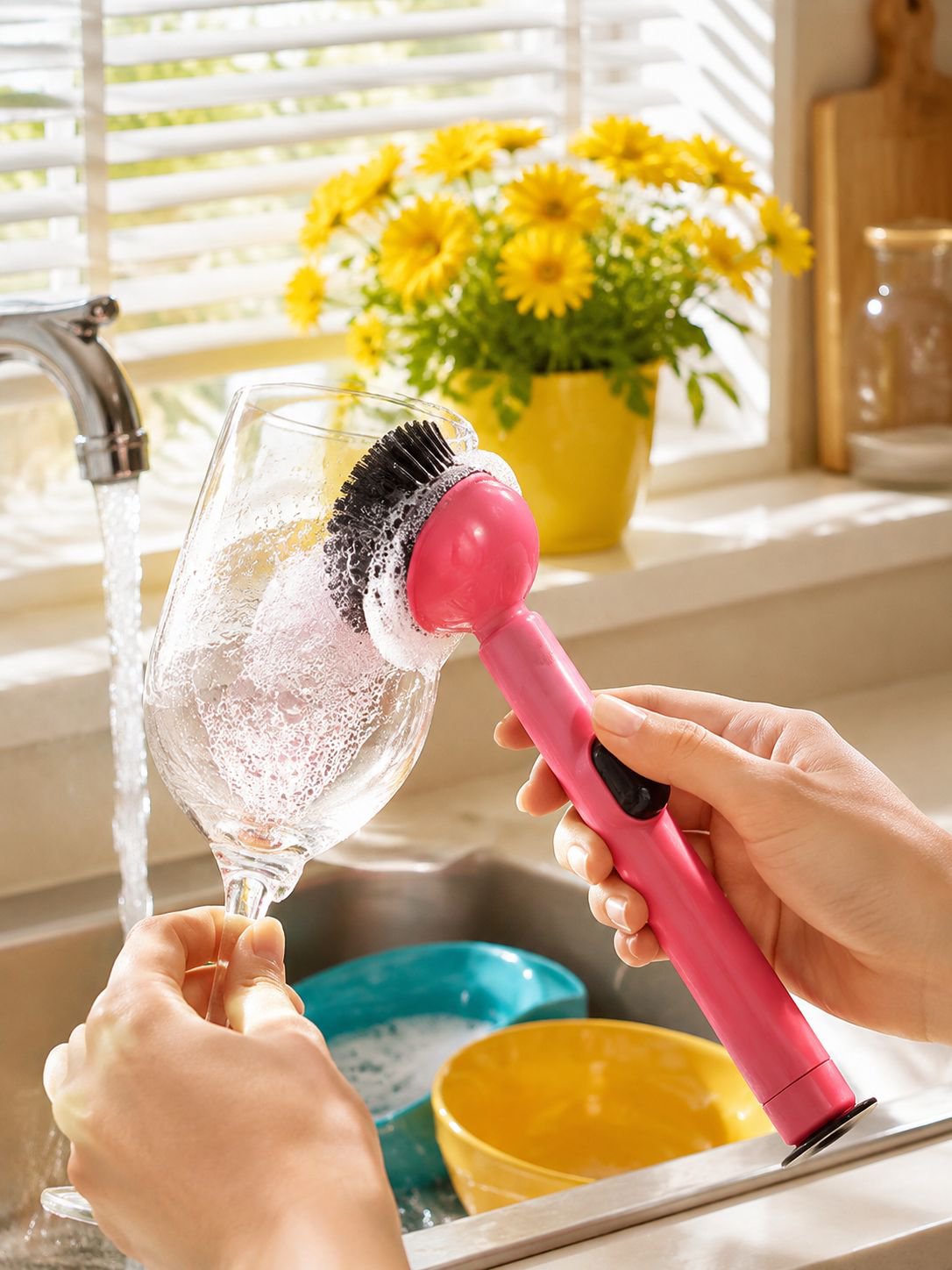 Close-up of colorful dopamine-inspired cleaning brush design