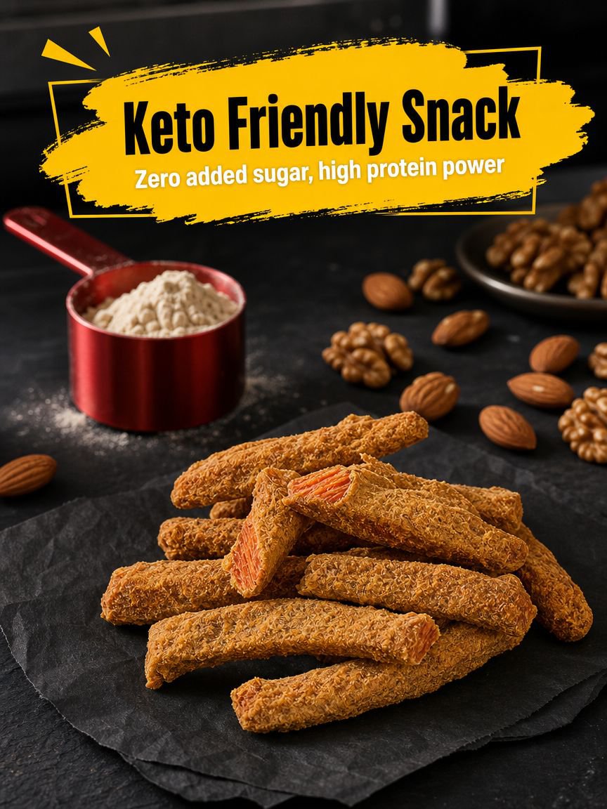 Protein-rich chicken jerky on a serving plate