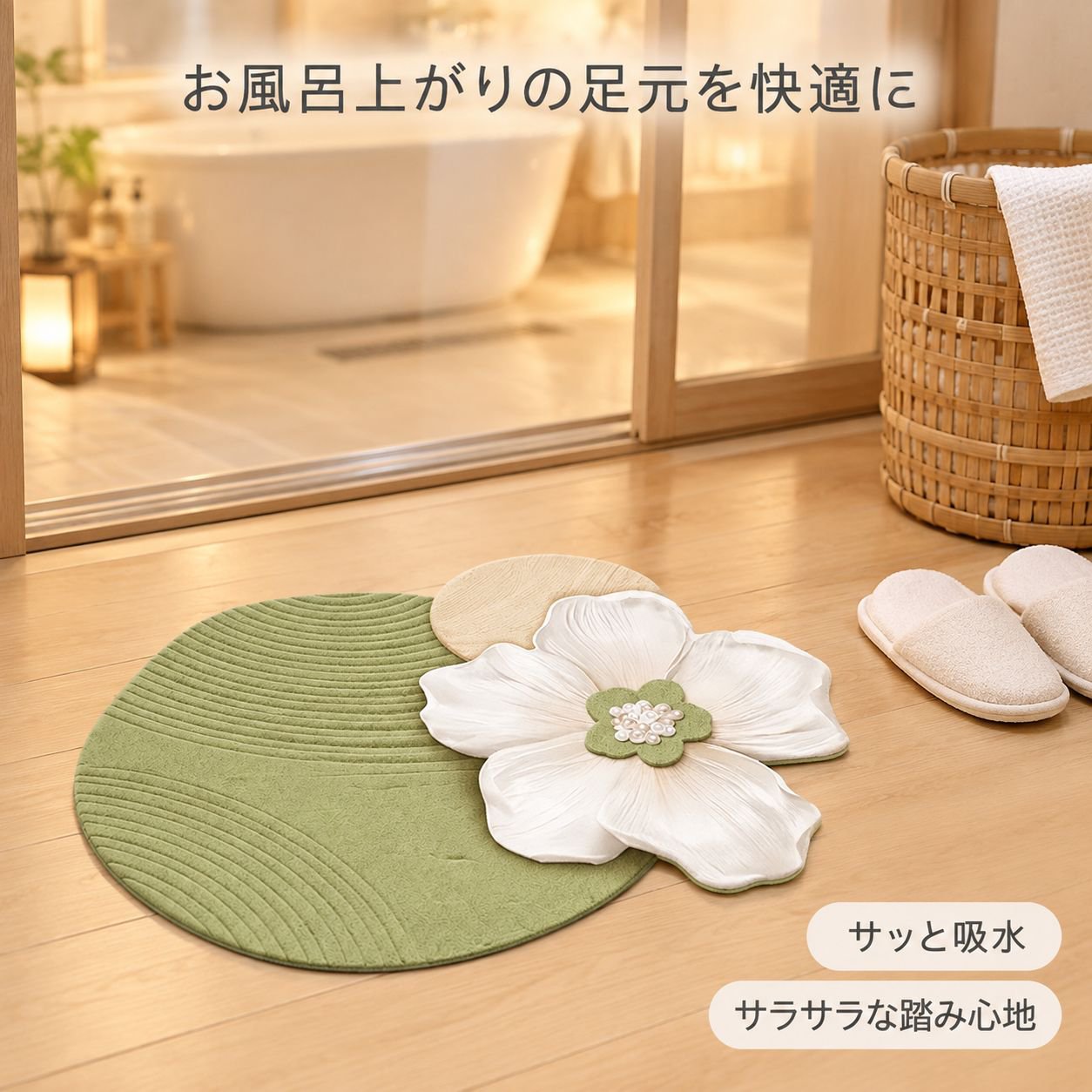 山茶花模様バスマット珪藻土吸水フットマット