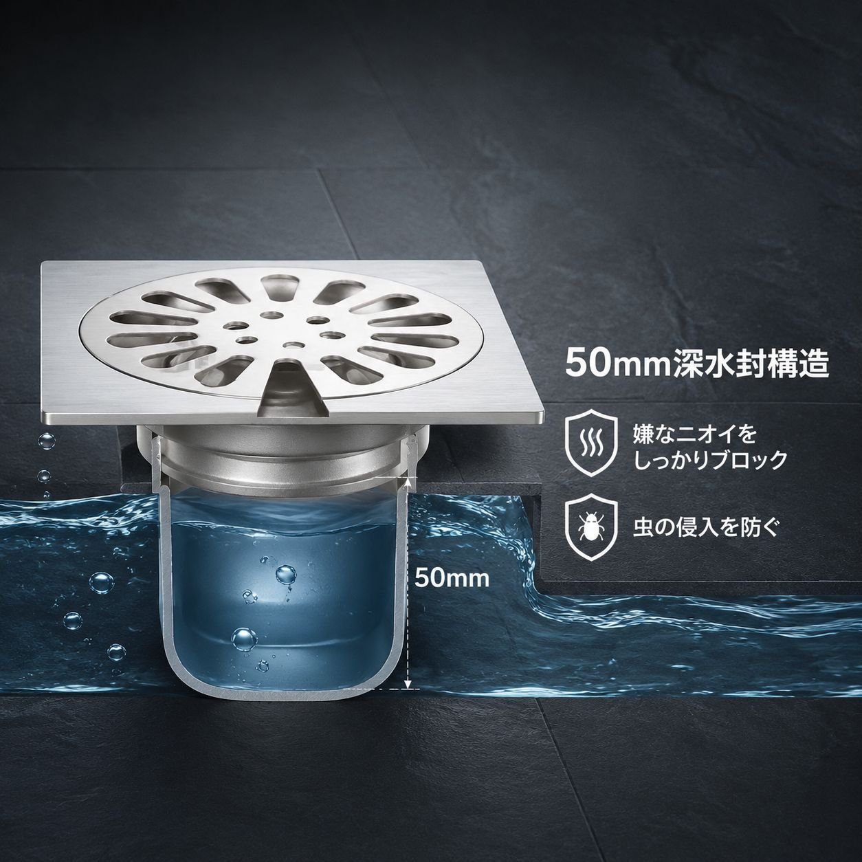 12cm厚手ステンレス深型水封床排水口 ホテル工事用DN75