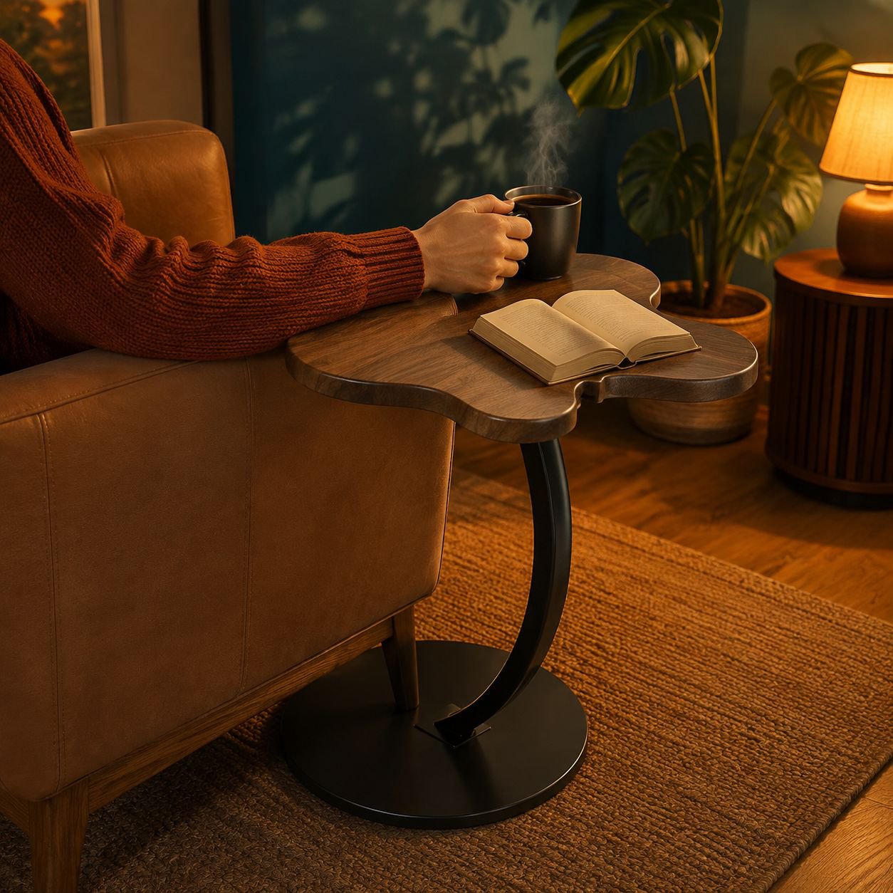 Mid-century side table next to sofa