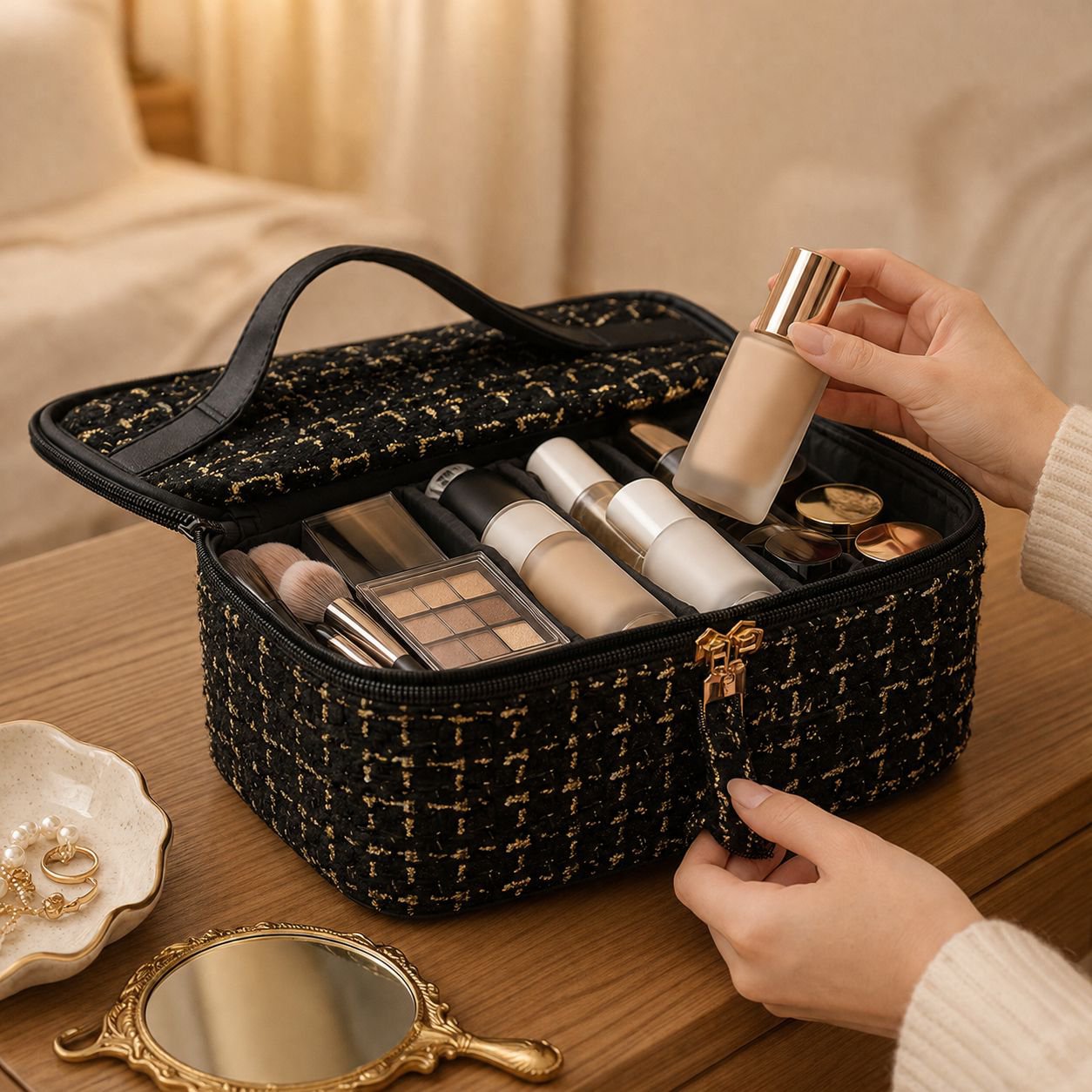 Portable Large-Capacity Makeup Organizer, Stylish Travel Handbag