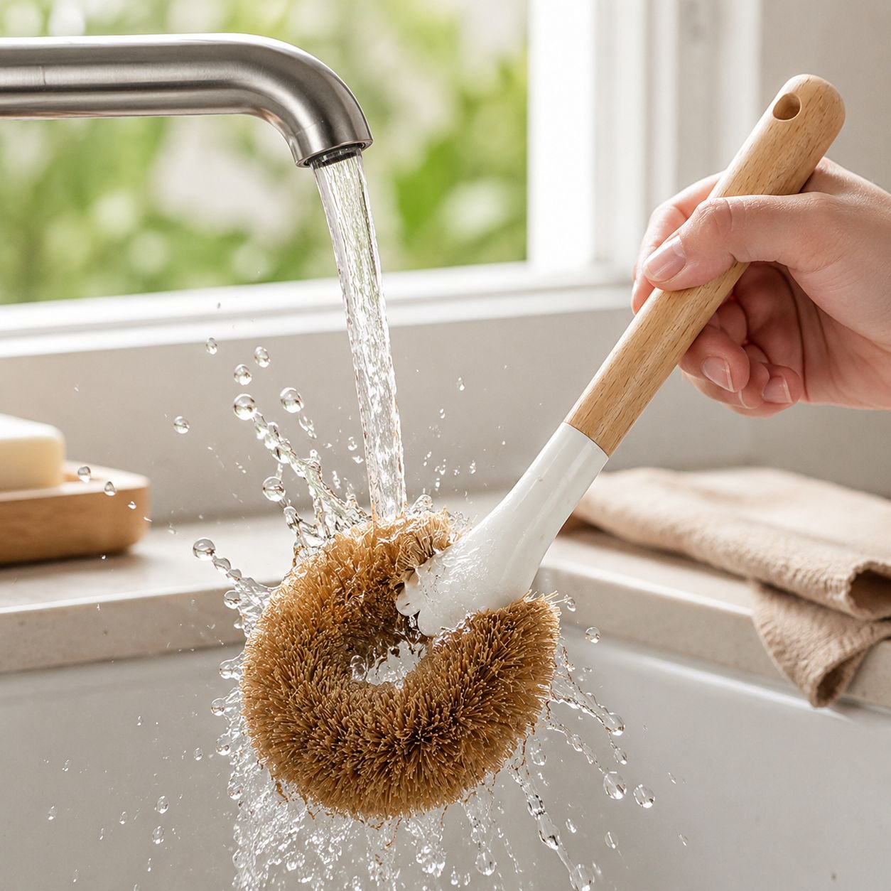 Coconut fiber brush cleaning vegetables in kitchen sink