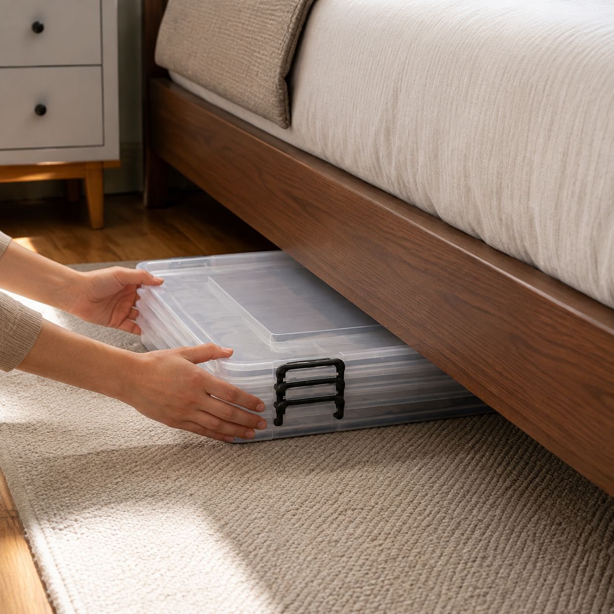 Right-angle storage box fitting perfectly in a room corner