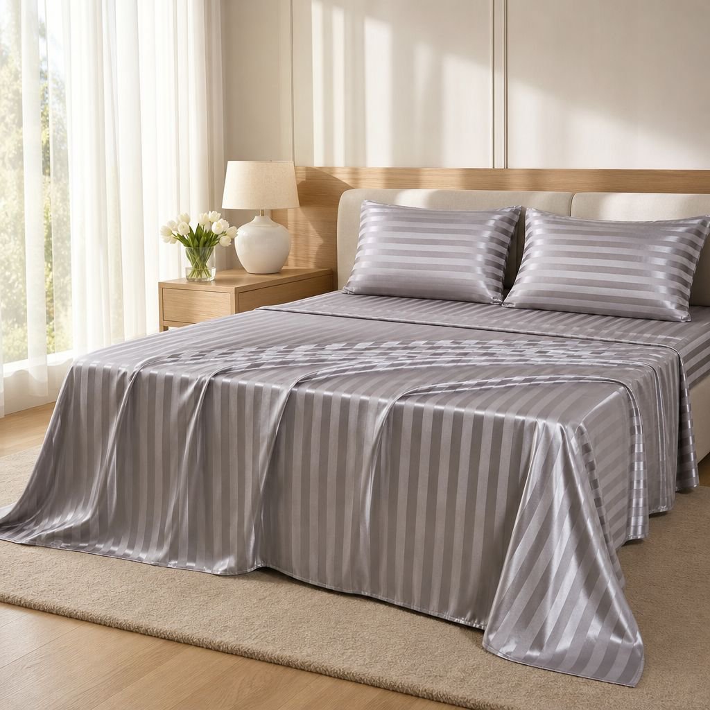 Elegant American silk satin bedding set on queen bed