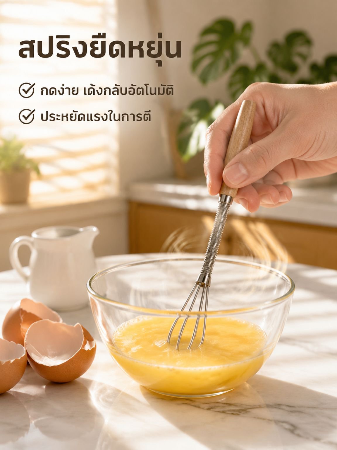 เครื่องตีไข่สแตนเลสพร้อมด้ามไม้แบบมือจับ