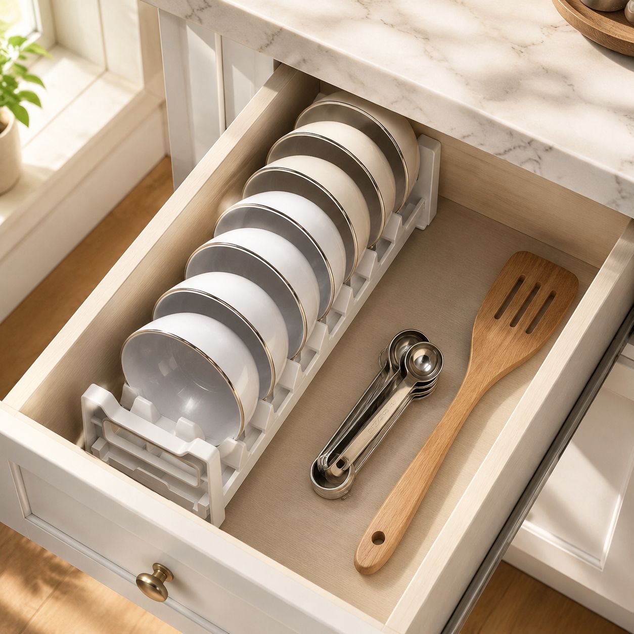 Neatly organized plates and chopsticks in storage box