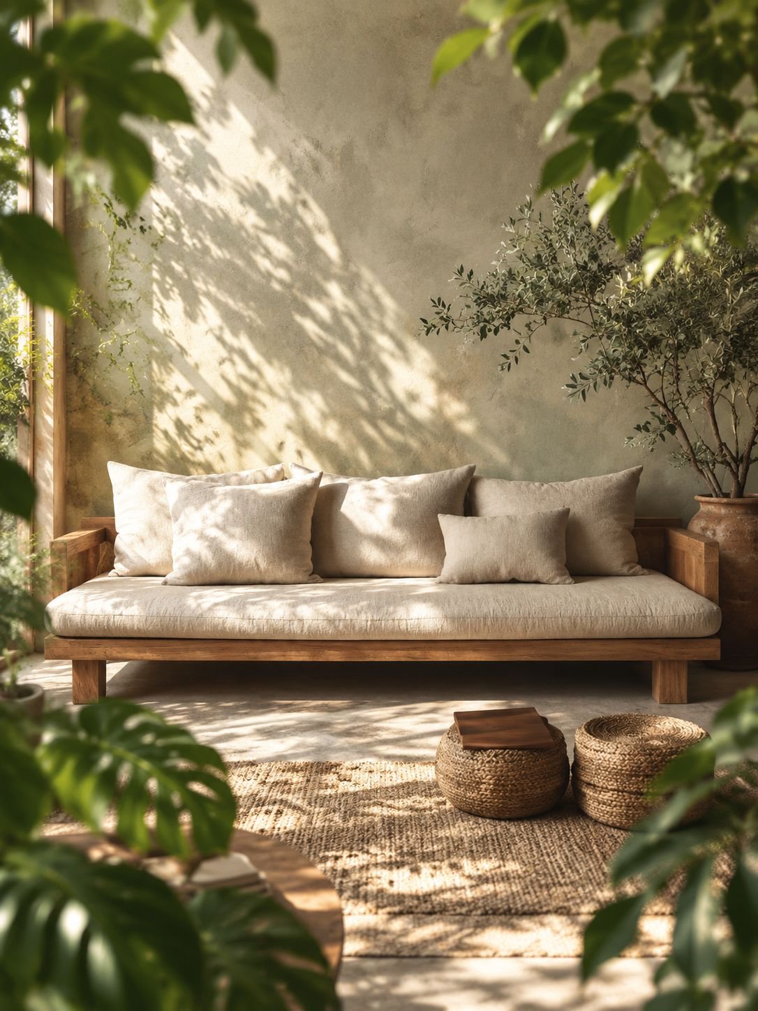 Dreisitzer-Sofa aus Massivholz mit natürlichem Wabi-Sabi-Design