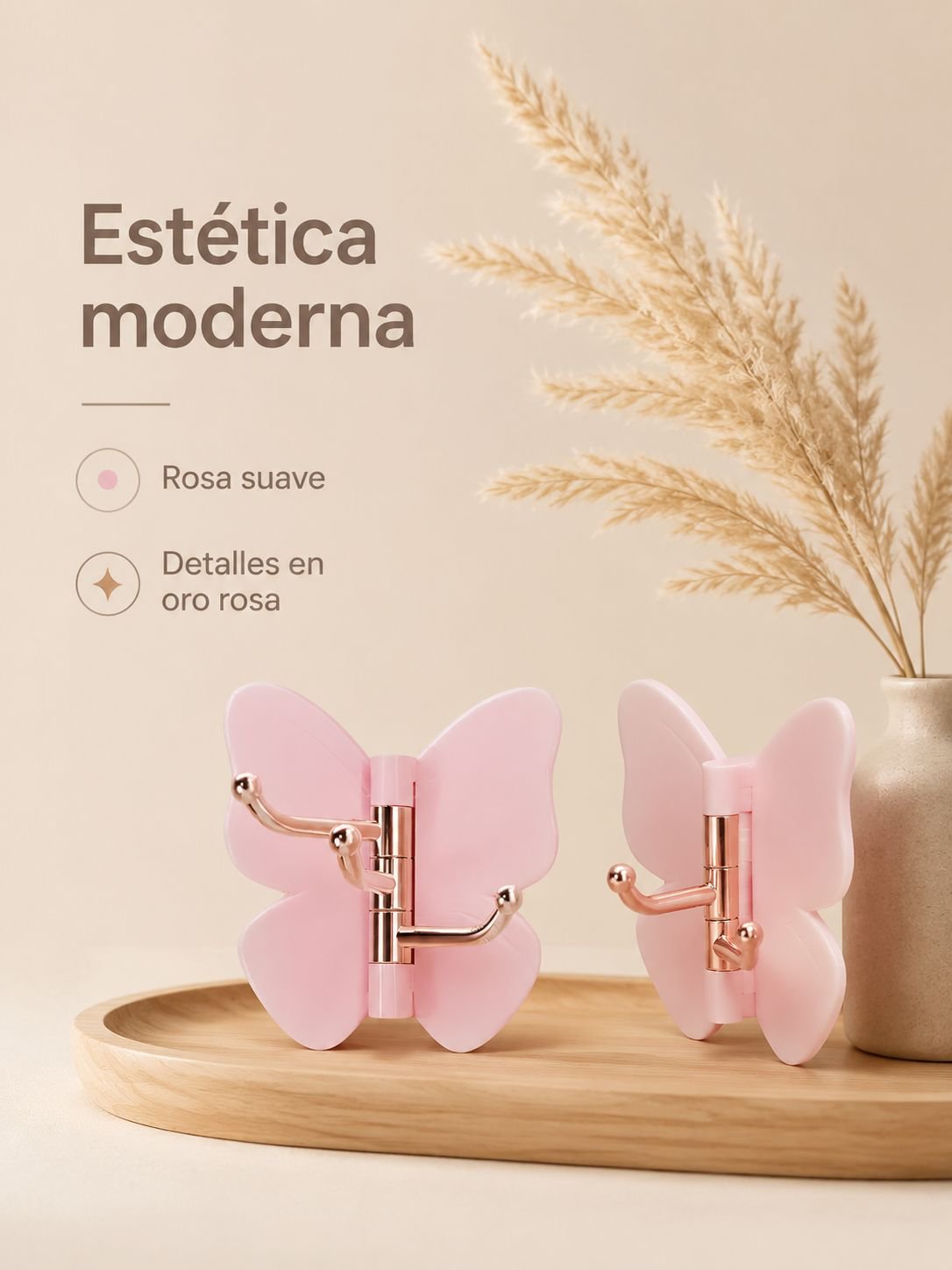 Detalle de materiales y acabados del gancho con mariposas