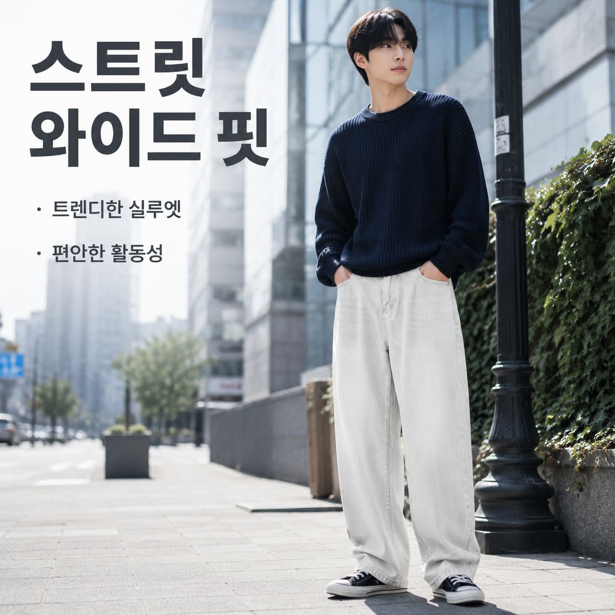 남자 화이트 스트리트 와이드 데님 워싱 팬츠
