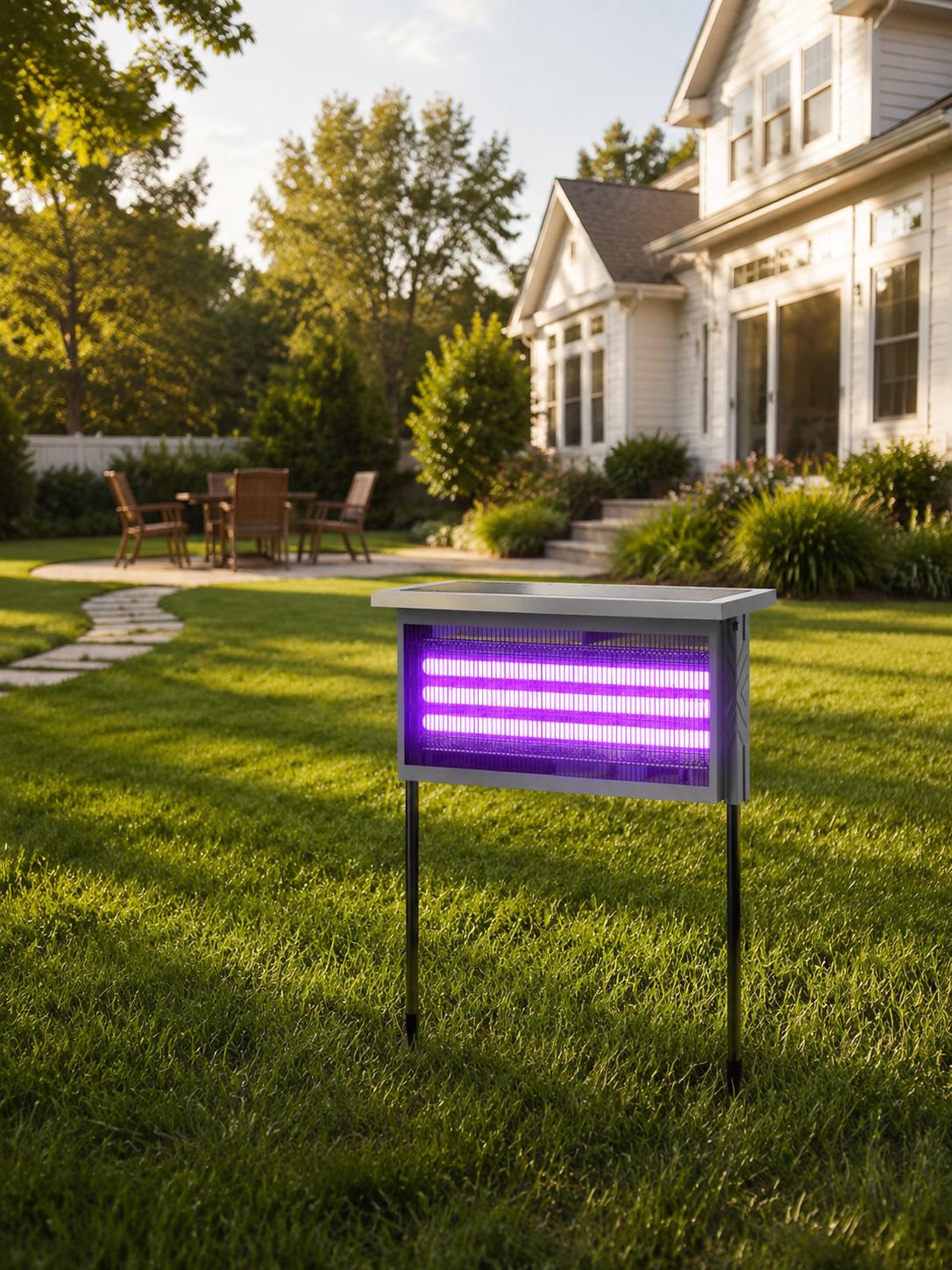 Lámpara solar antimosquitos impermeable instalada en un patio exterior