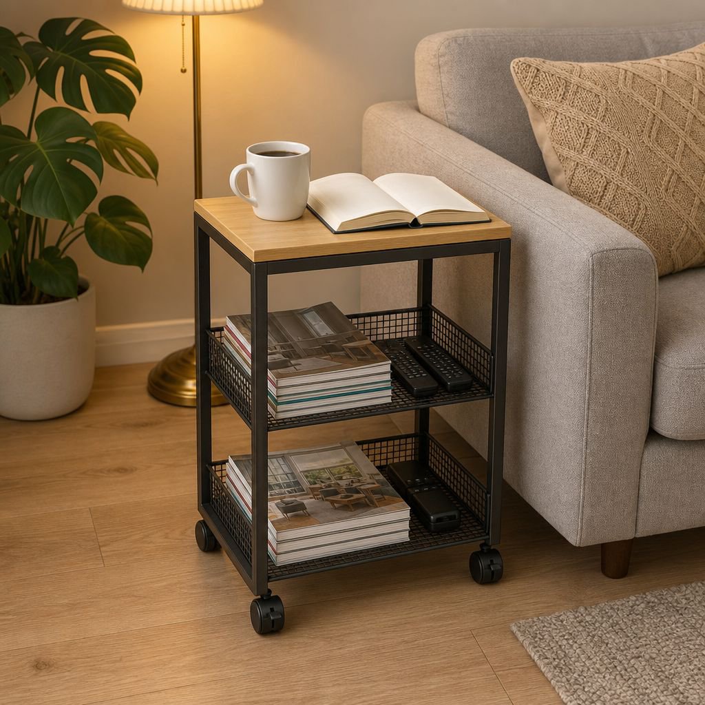 Movable Bookshelf with Wheels Printer Storage Desk Side Cabinet