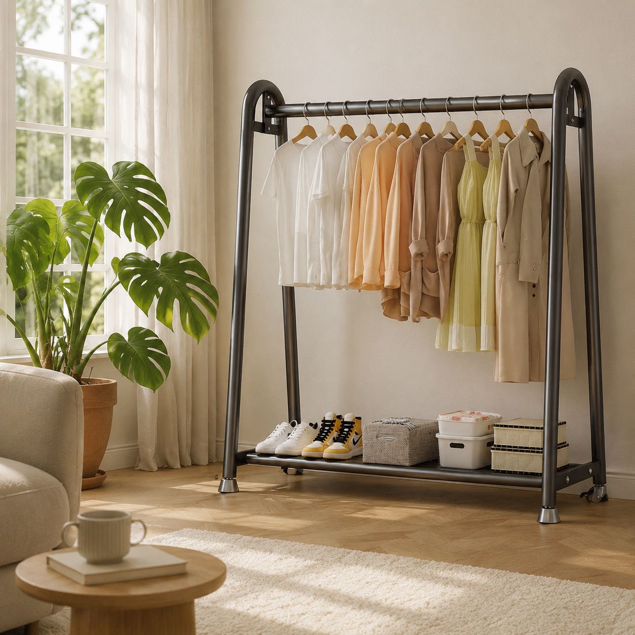 Indoor movable floor clothes storage rack with hanging clothes