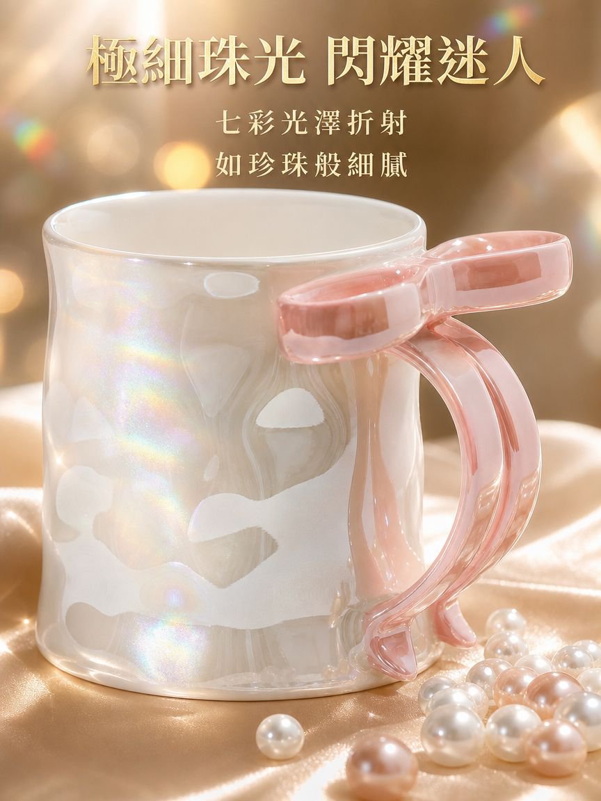 珠光釉蝴蝶結陶瓷馬克杯