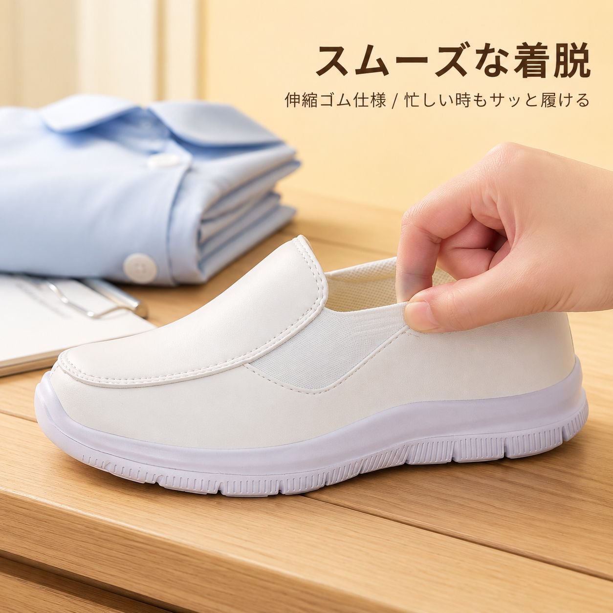 軽量フラットホワイトナーススニーカー レディース