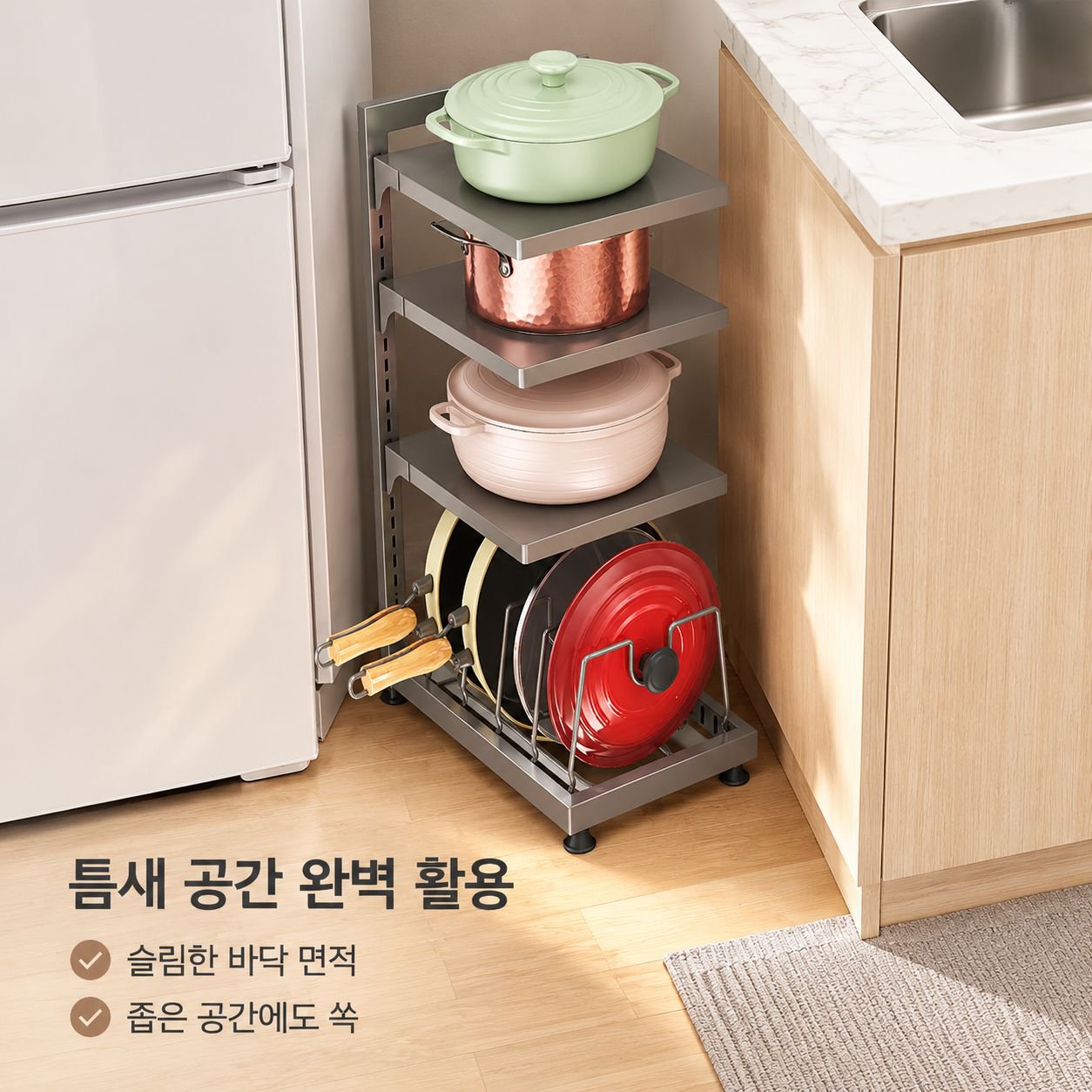주방 스탠드형 다층 냄비 수납 선반 싱크대 하부장 프라이팬 정리대